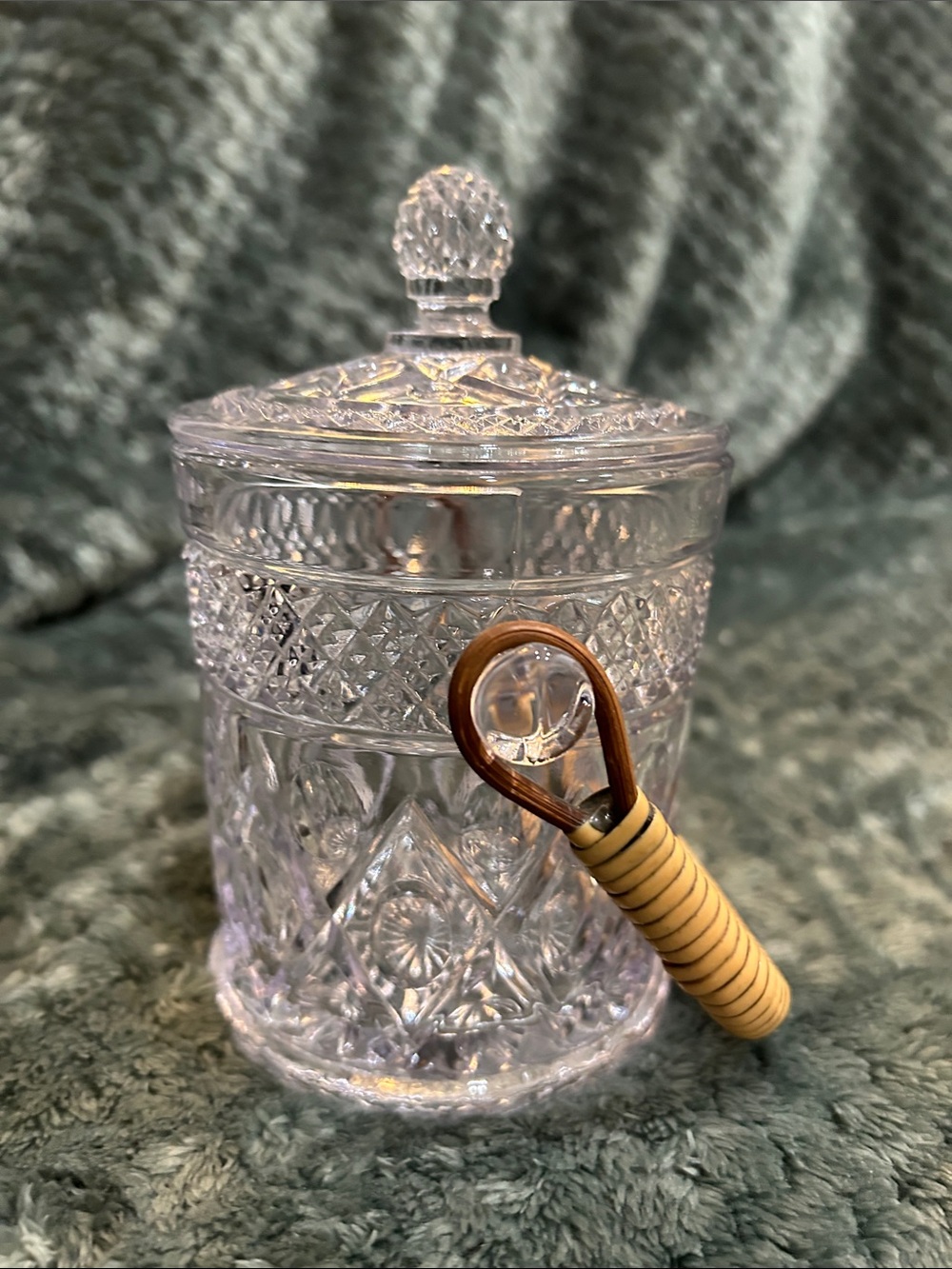 Vintage Clear Pressed Glass Canister with Rattan Handle